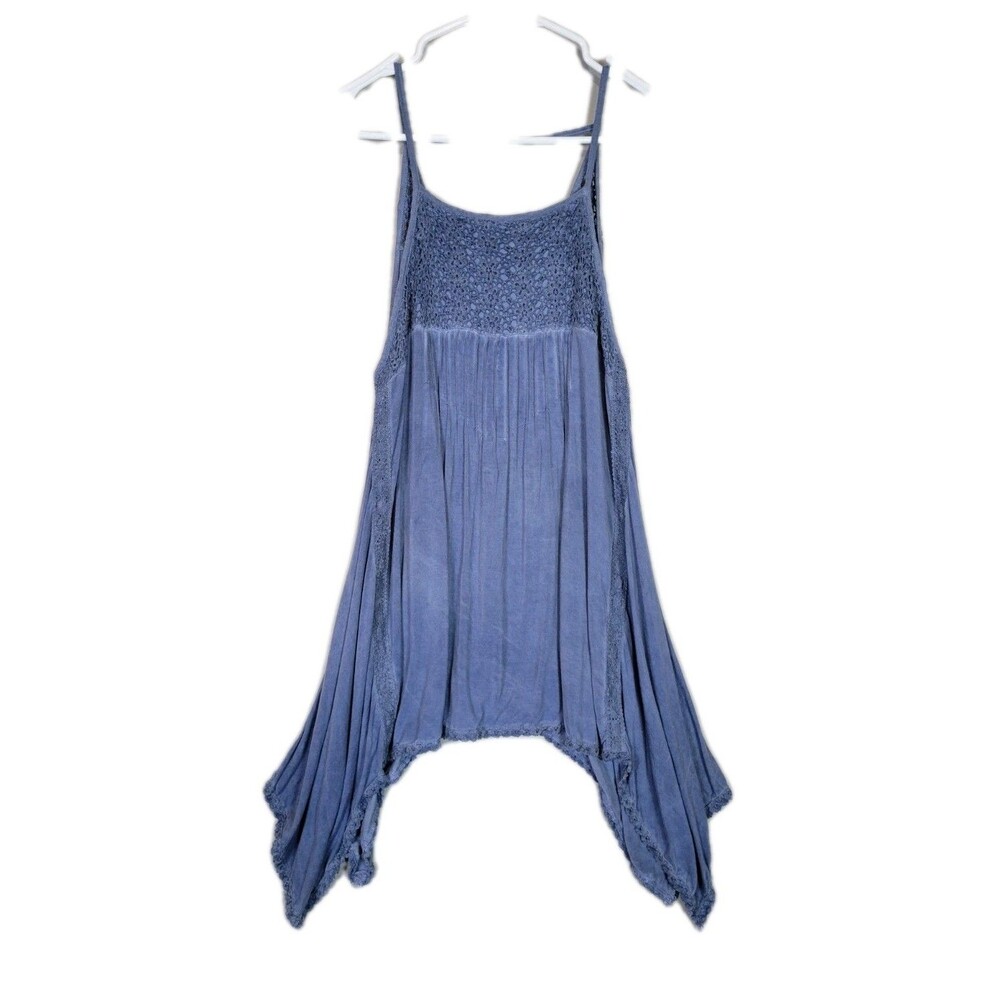Pol Stonewashed Blue Handkerchief Hem Tank Top Womens Large Crochet Lagenlook